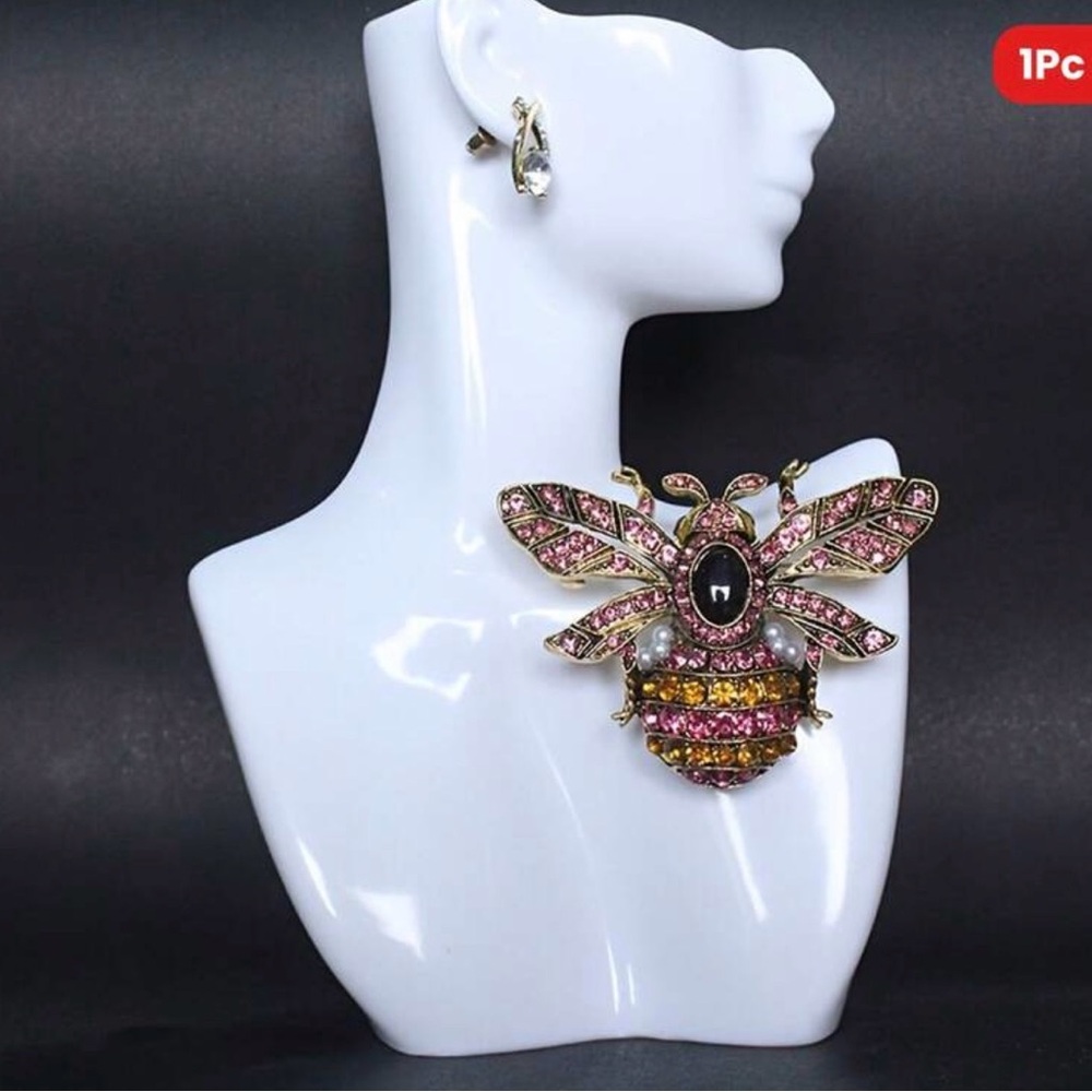 Elegant Pink ,Fushia, Black and Gold Bee Brooch with Faux Pearls